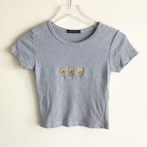 Brandy Melville OS Poppy Top Striped Embroidered T Shirt Flower Blue White